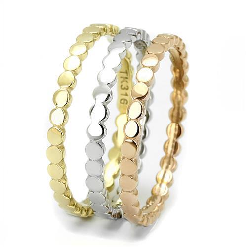 Valoncio Eternità Stacking Ring — three slim bands in ion-plated gold, rose gold and steel